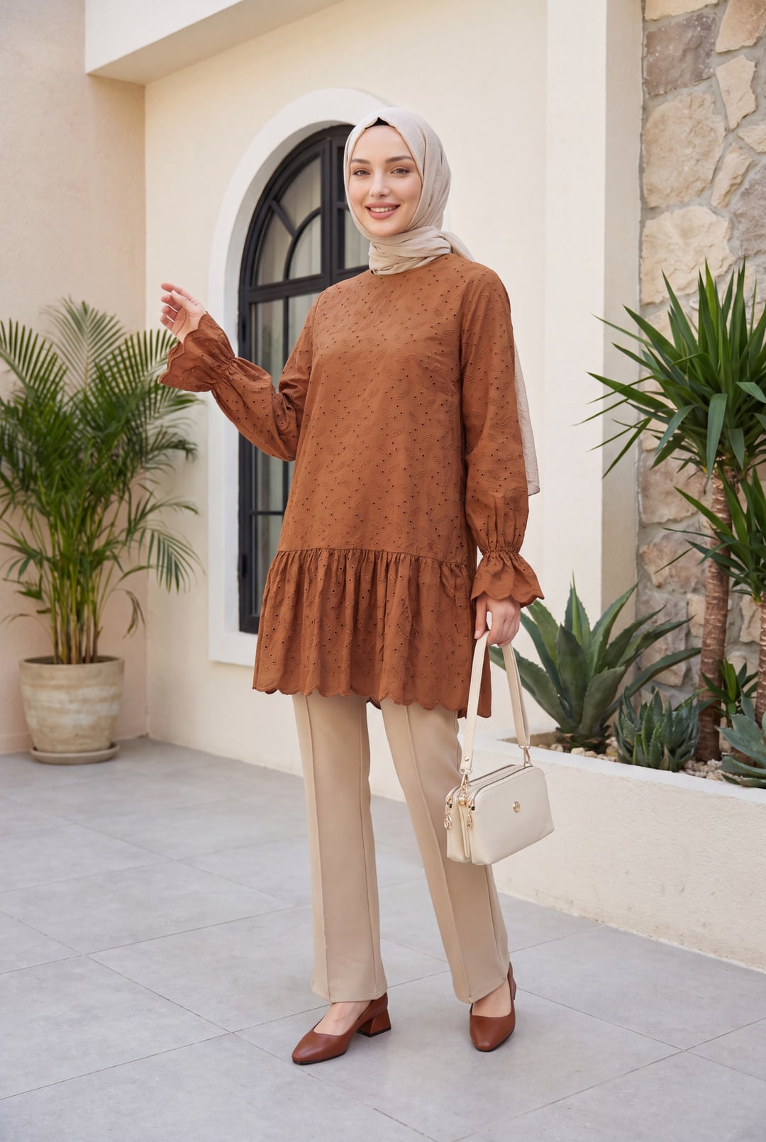 Long-Sleeved Eyelet Tunic with Ruffled Hem - Tan - Podyumplus - by Peralane - photo 5