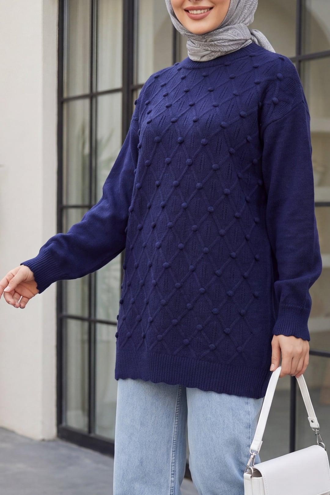 Pom Pom Front Checked Slouchy Knit Tunic in Navy Blue - Podyumplus - by Peralane