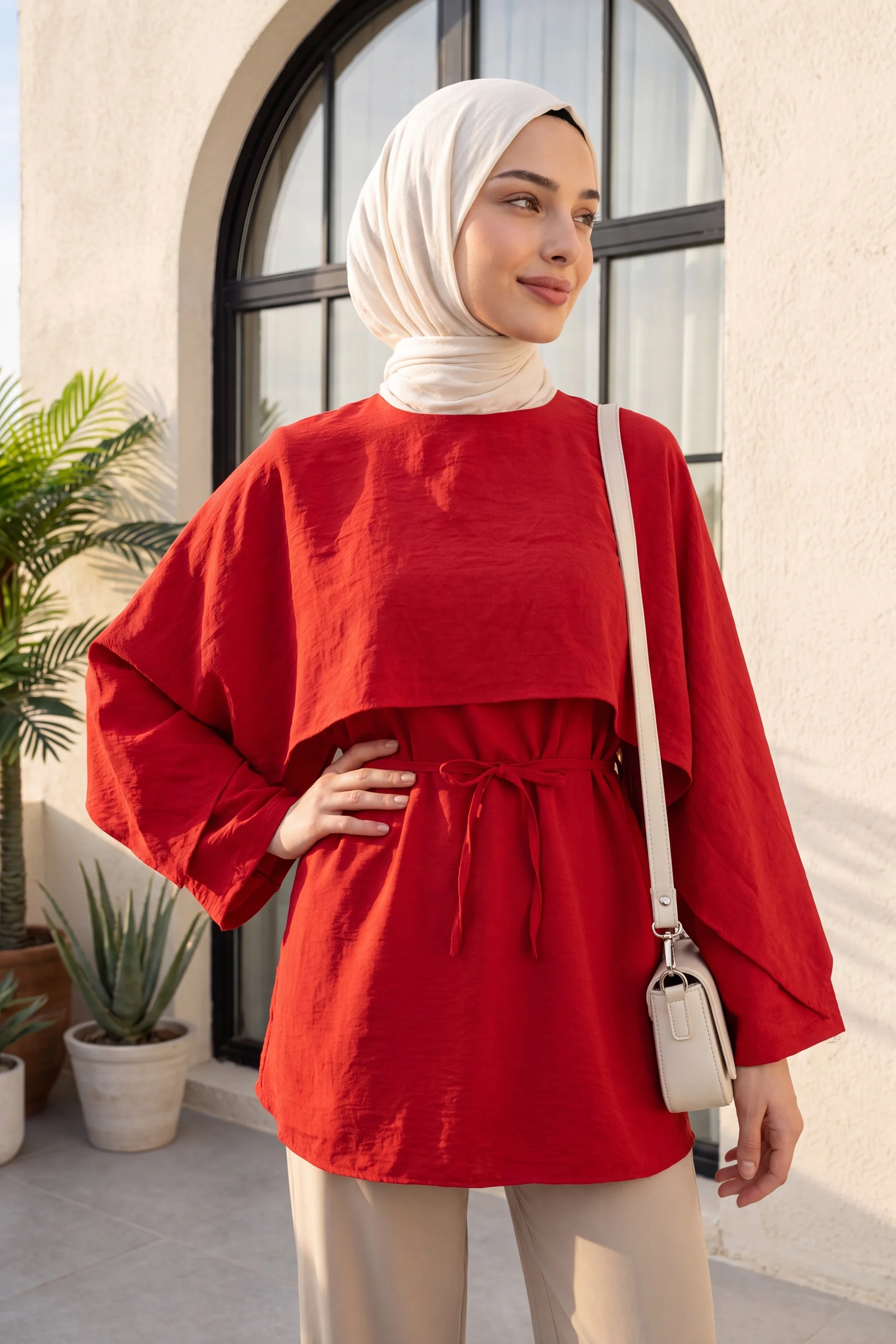 Red Voile Tunic with Cape Detail and Belt - Women's Modest Two-Piece Set - Podyumplus - by Peralane - photo 6
