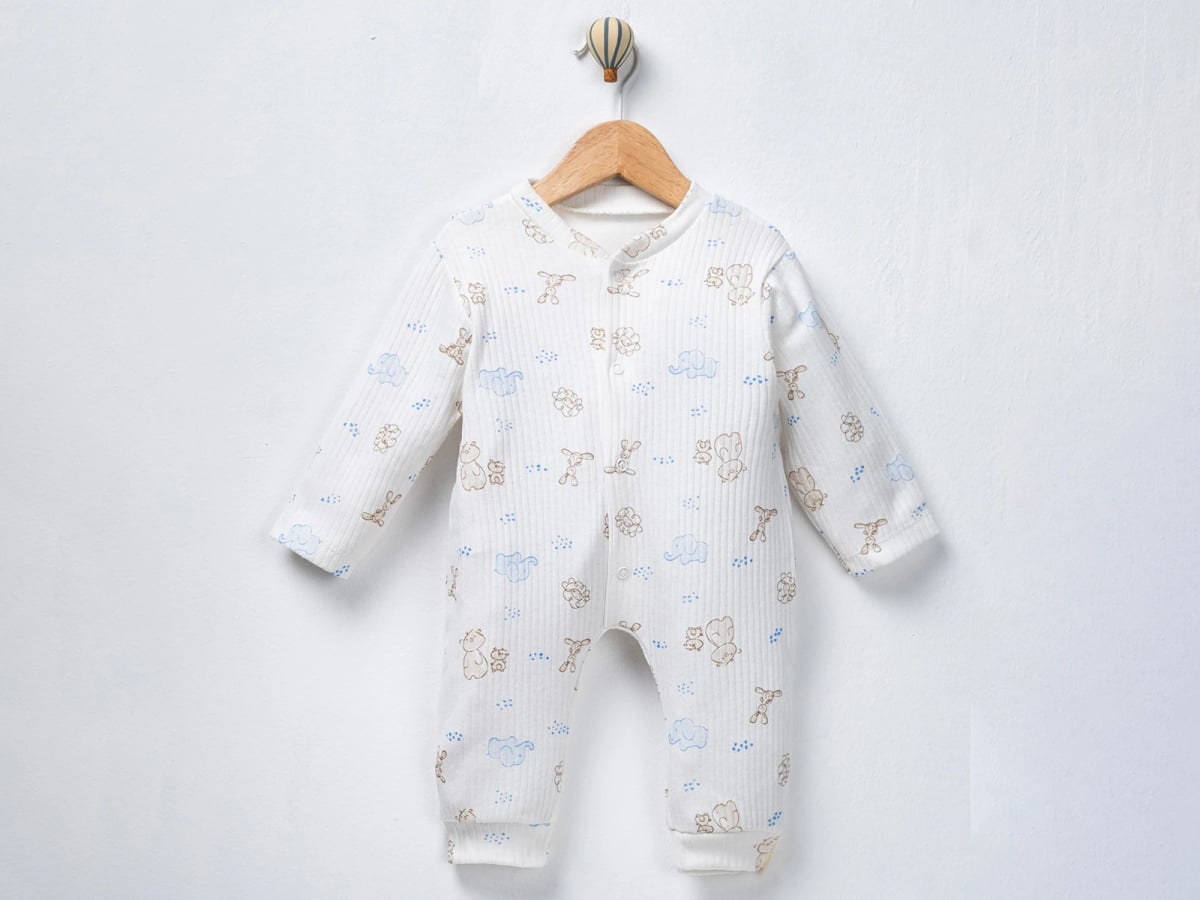 Cartoon Animal Print Long-Sleeve Baby Romper - Blue - Supermini - by Peralane