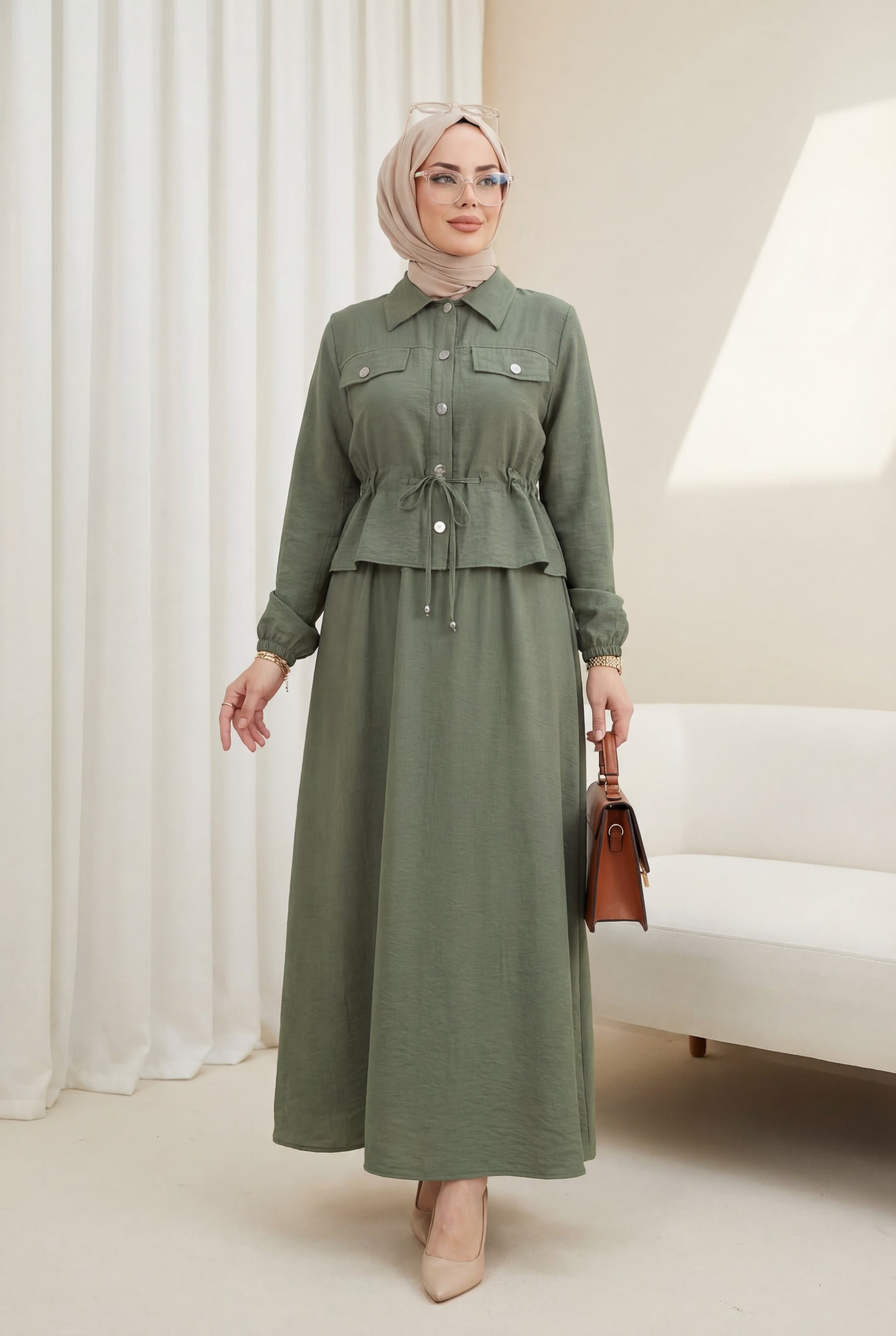 Metal Button Belted Shirt Jile Dress - Olive Green - Podyumplus - by Peralane