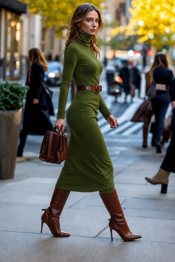Women's Long Sleeve Turtleneck Midi Knit Dress in Olive Green - Janes - by Peralane - photo 3