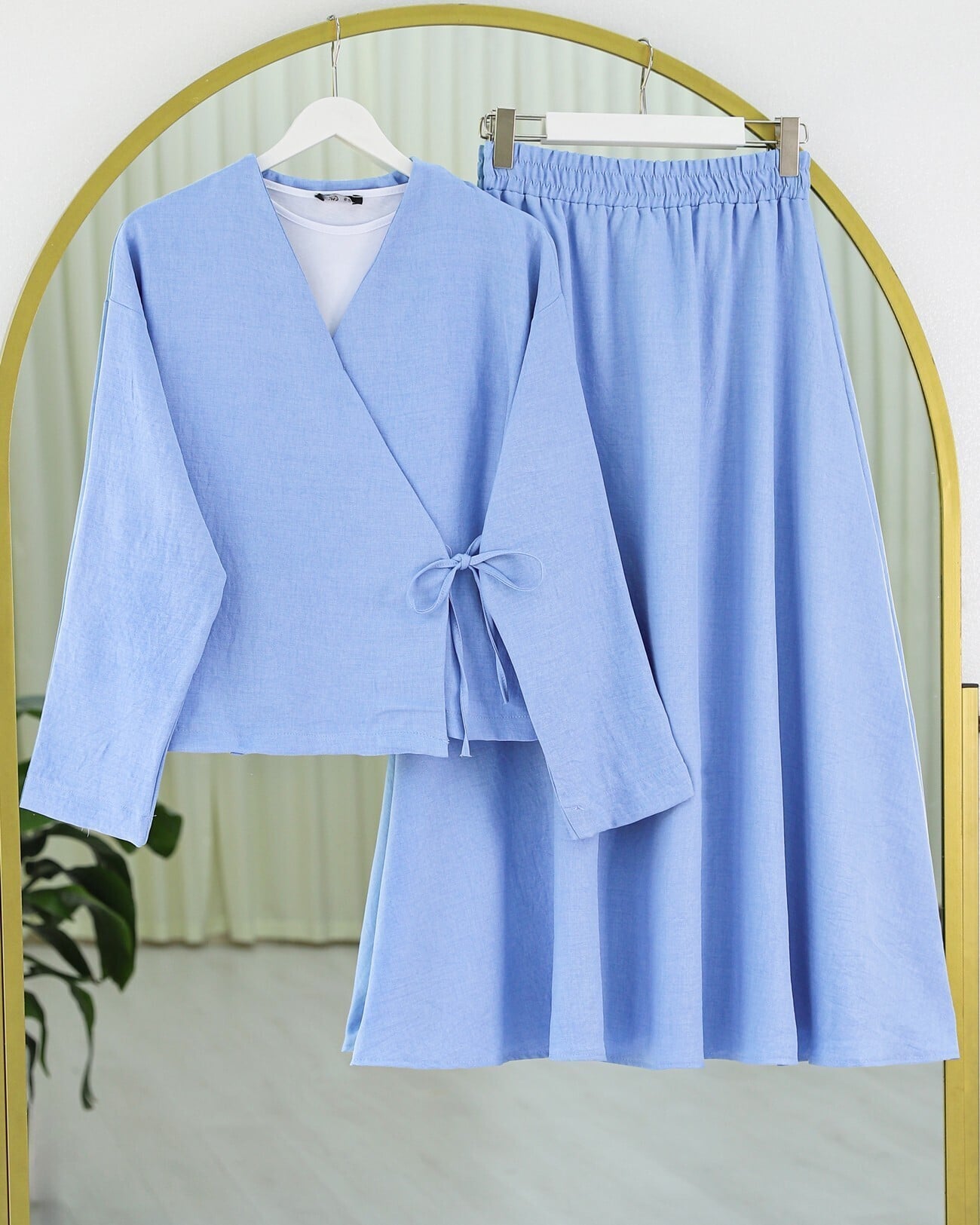 Side-Tie Skirt Set in Baby Blue Linen Look - Modest Two-Piece Outfit - Podyumplus - by Peralane - photo 5