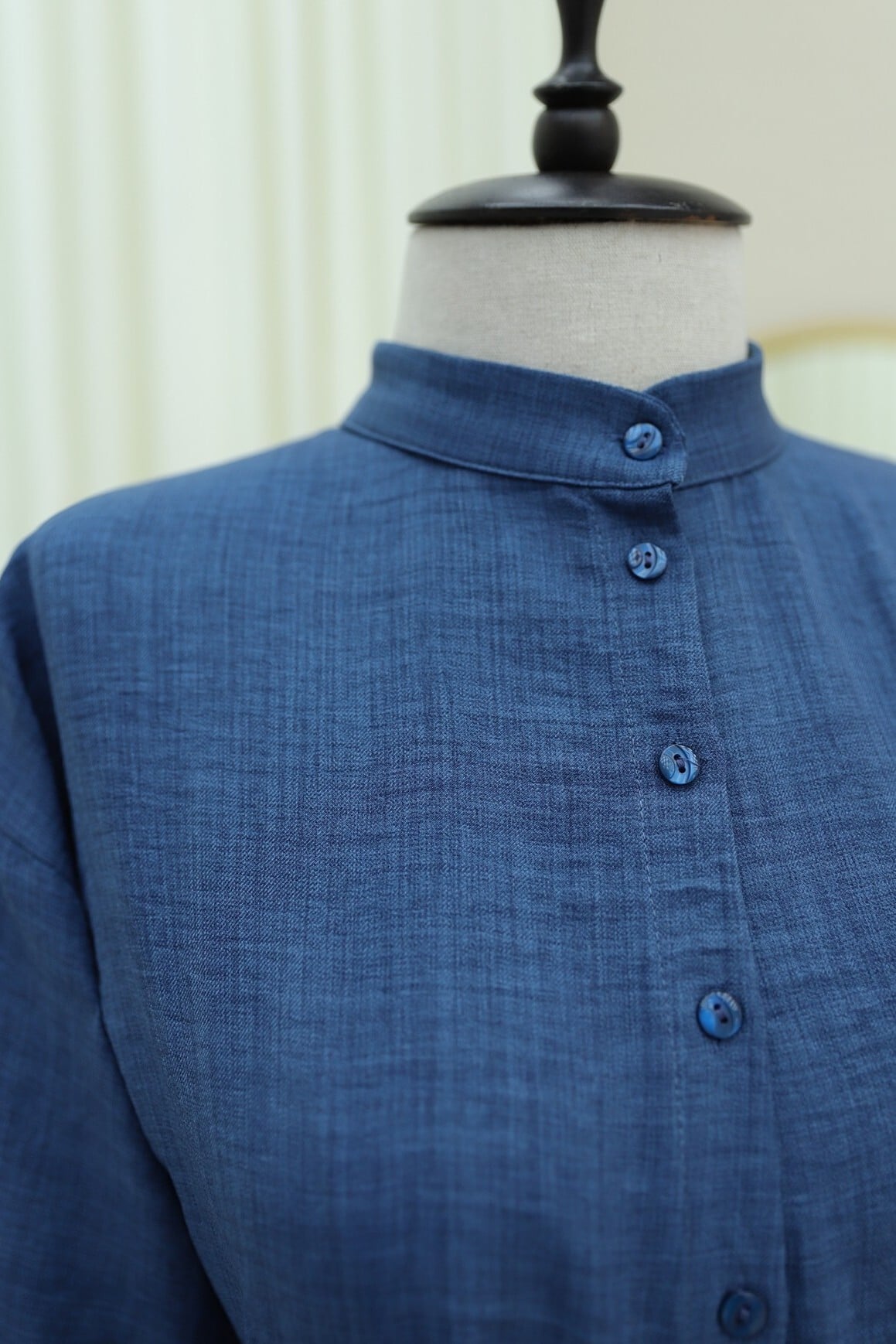 Half Button High Collar Tie Waist Linen Look Dress - Indigo - Podyumplus - by Peralane - photo 4