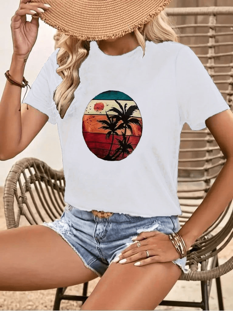 Women's Short-Sleeve Palm Print Viscose T-Shirt - Janes - by Peralane