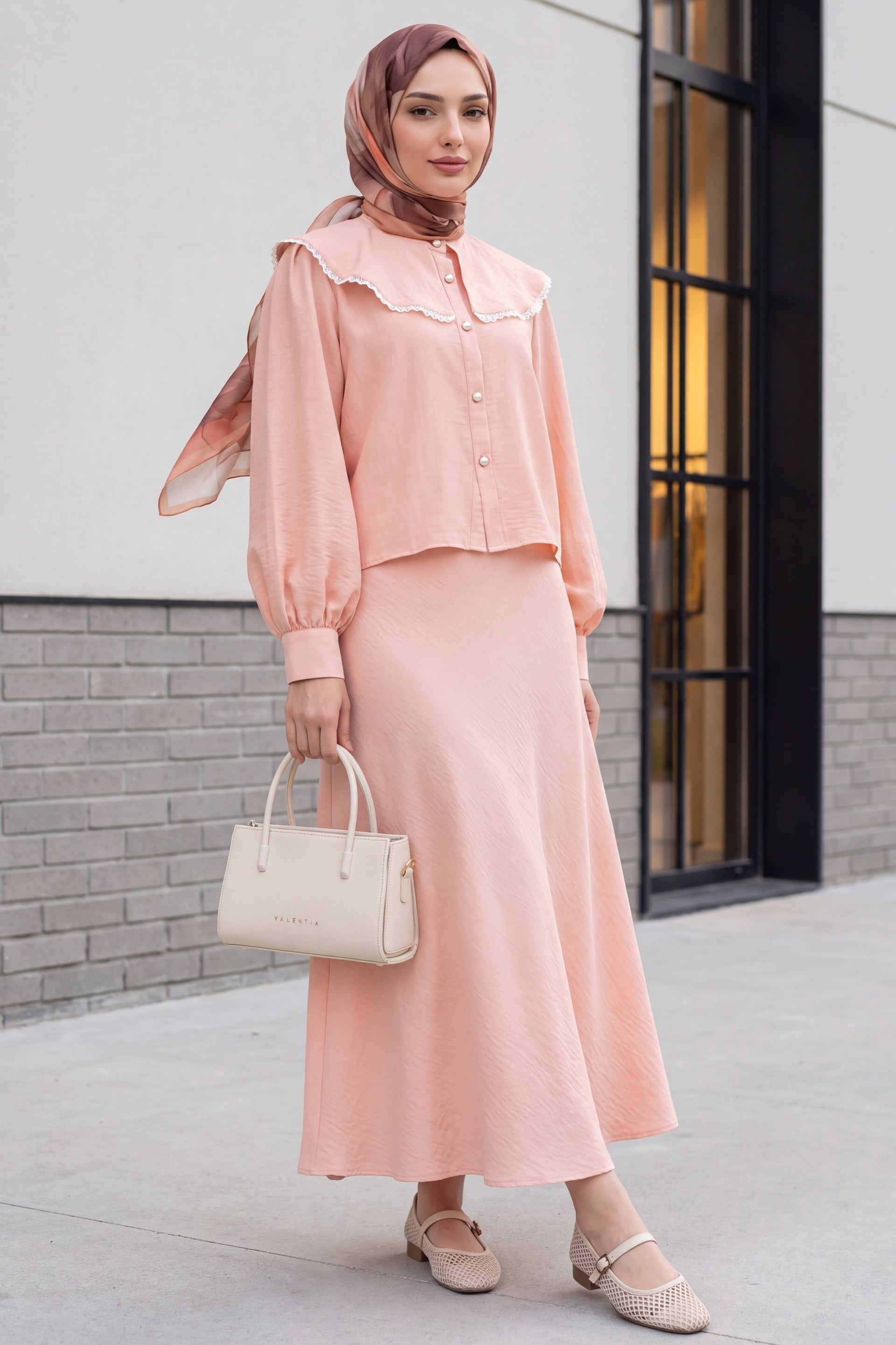 Ruffle Collar Lace Trim Two-Piece Modest Set in Peach - Podyumplus - by Peralane