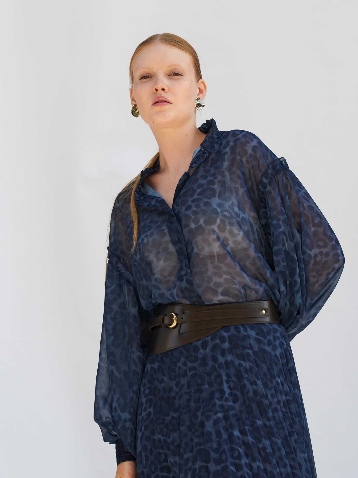 Dark Blue Leopard Print Chiffon Blouse with Lace Cuffs - Lefon - by Peralane - photo 9