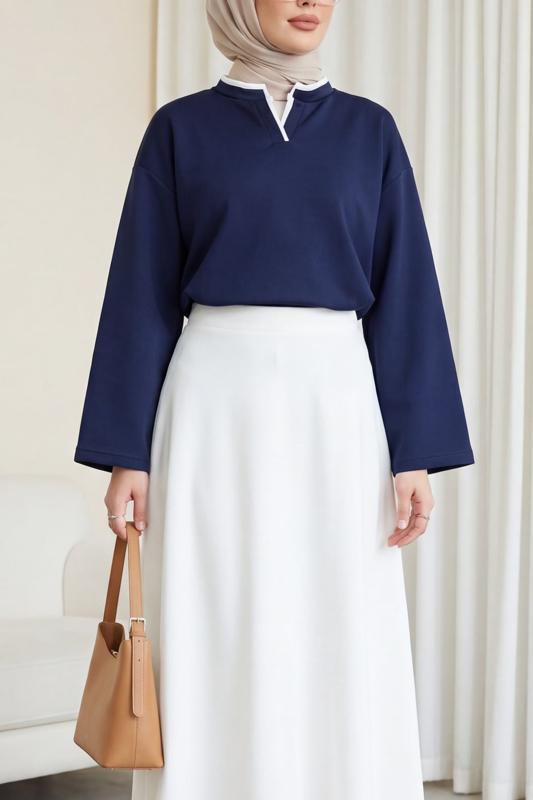 Navy V-Neck Double-Layer 2-Thread Jersey Blouse | Peralane - Podyumplus - by Peralane