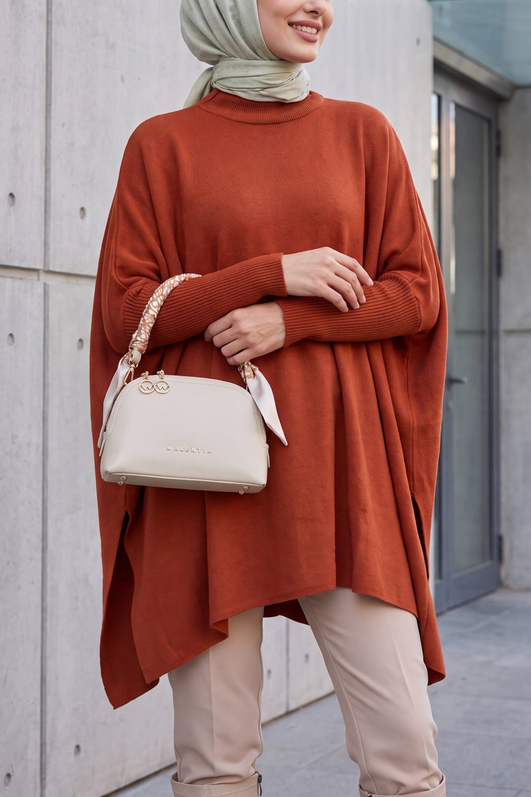 Oversize Poncho Sweater with Side Slits - Rust Orange - Bigdart - by Peralane