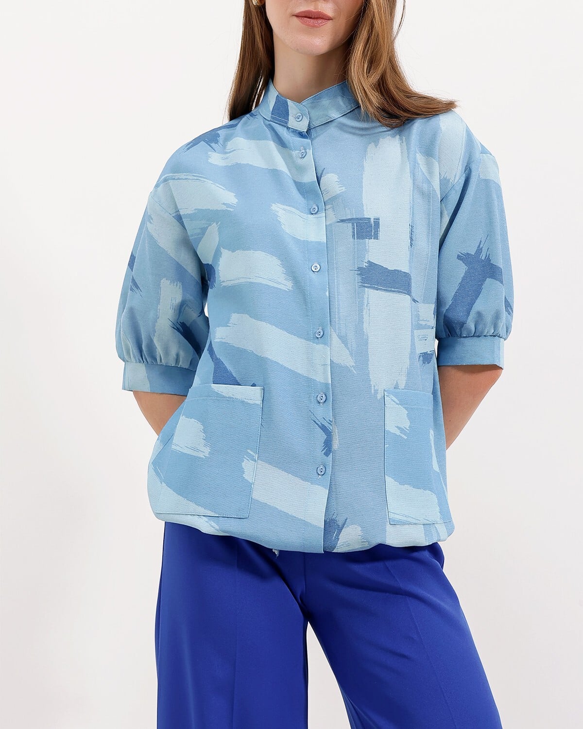 Patterned Oversize Shirt - Blue - Bigdart - by Peralane - photo 4
