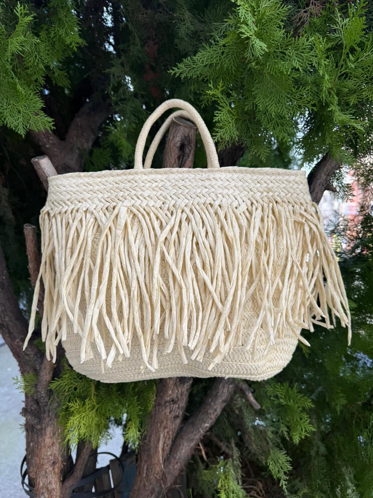 Beige Fringed Straw Tote Bag 41x29 cm - Nesvay - by Peralane - photo 2