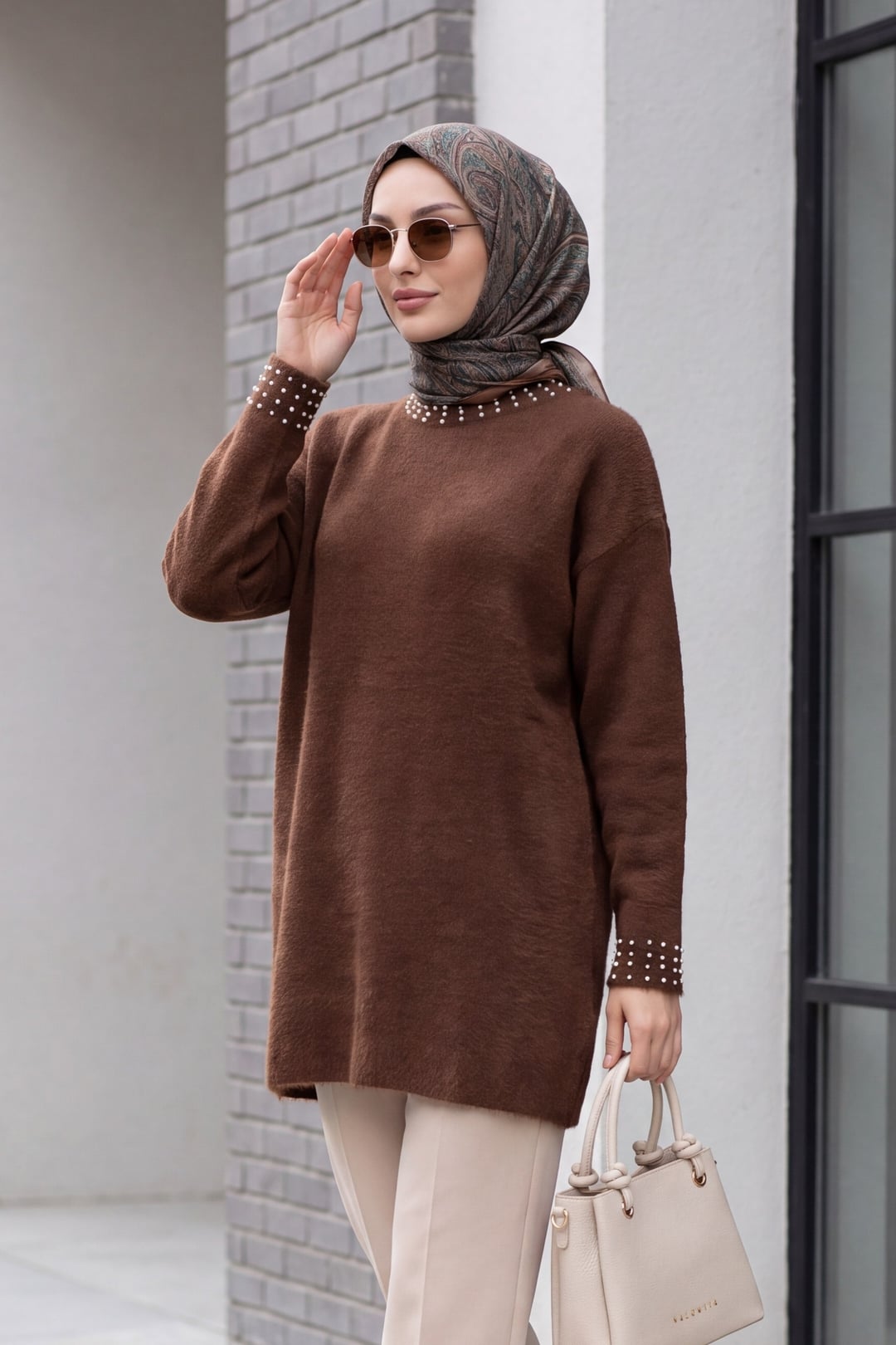Brown Beaded Fringed Oversized Knit Tunic - Podyumplus - by Peralane - photo 2