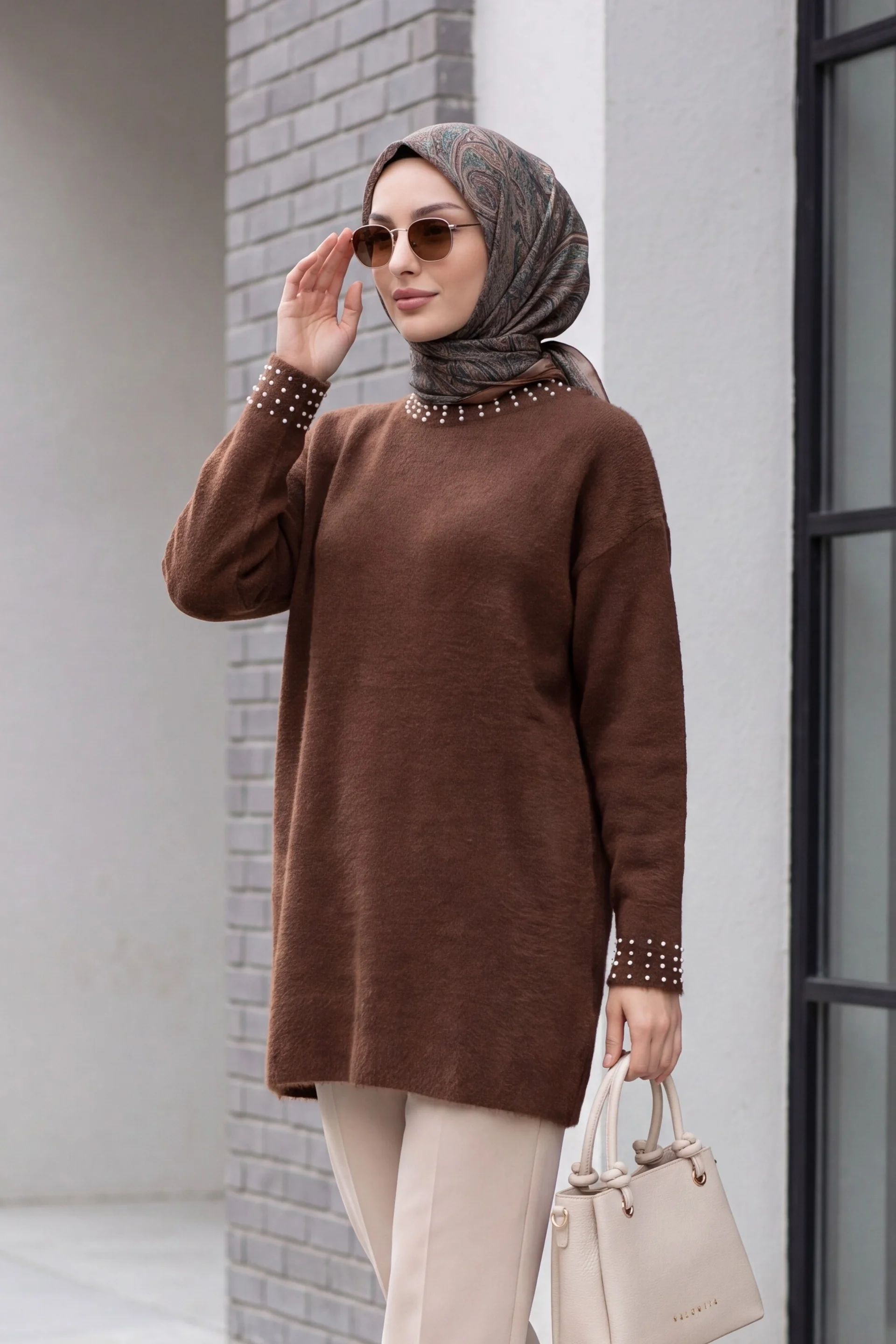 Brown Beaded Fringed Oversized Knit Tunic - Podyumplus - by Peralane - photo 2