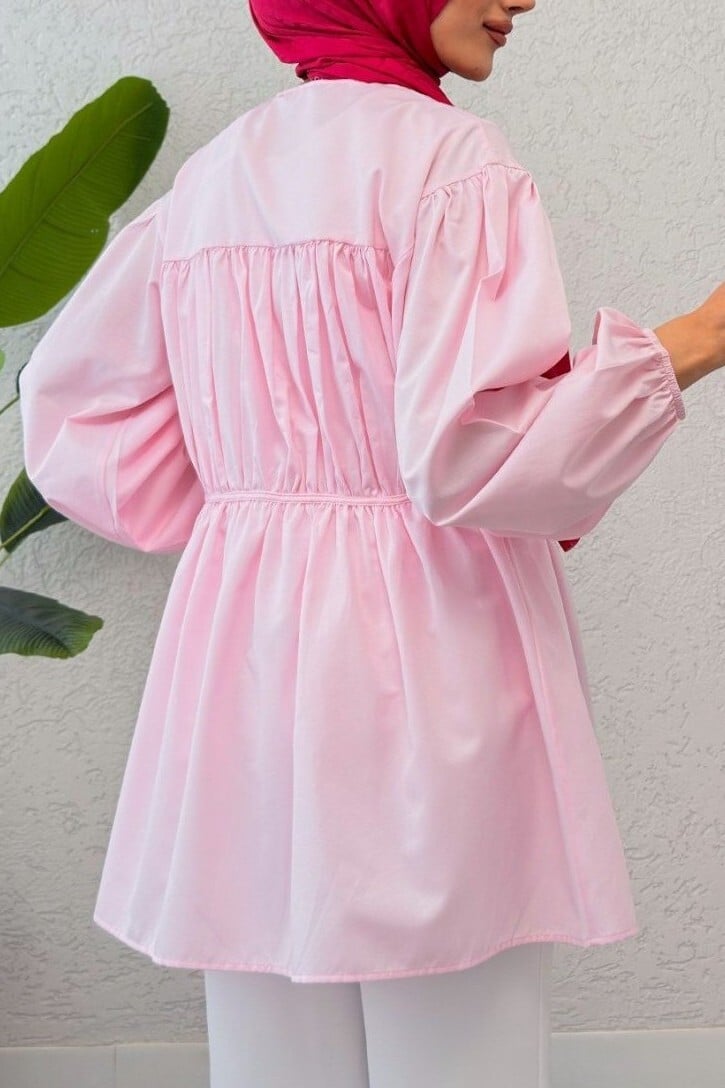 Front Lace-Up Detail Full-Length Button Shirt Tunic - Powder Pink - Podyumplus - by Peralane - photo 3