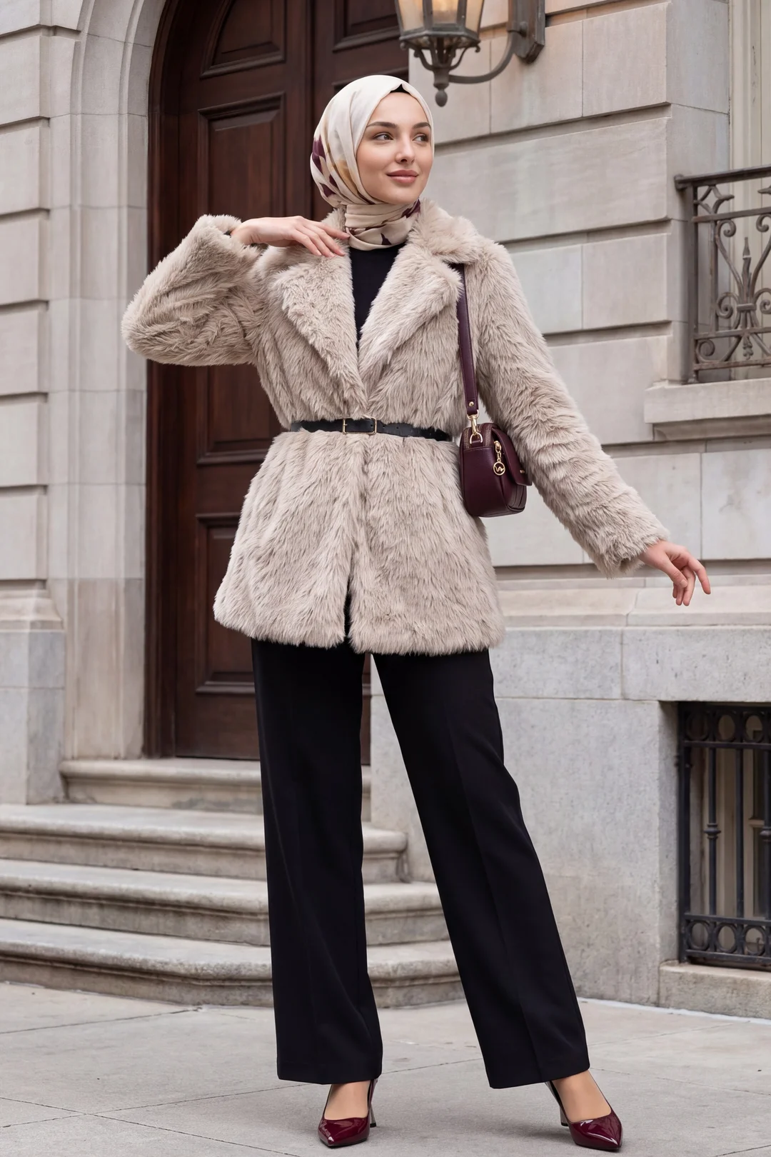 Cream Faux Fur Lapel Collar Coat with Belt - Bigdart - by Peralane - photo 3
