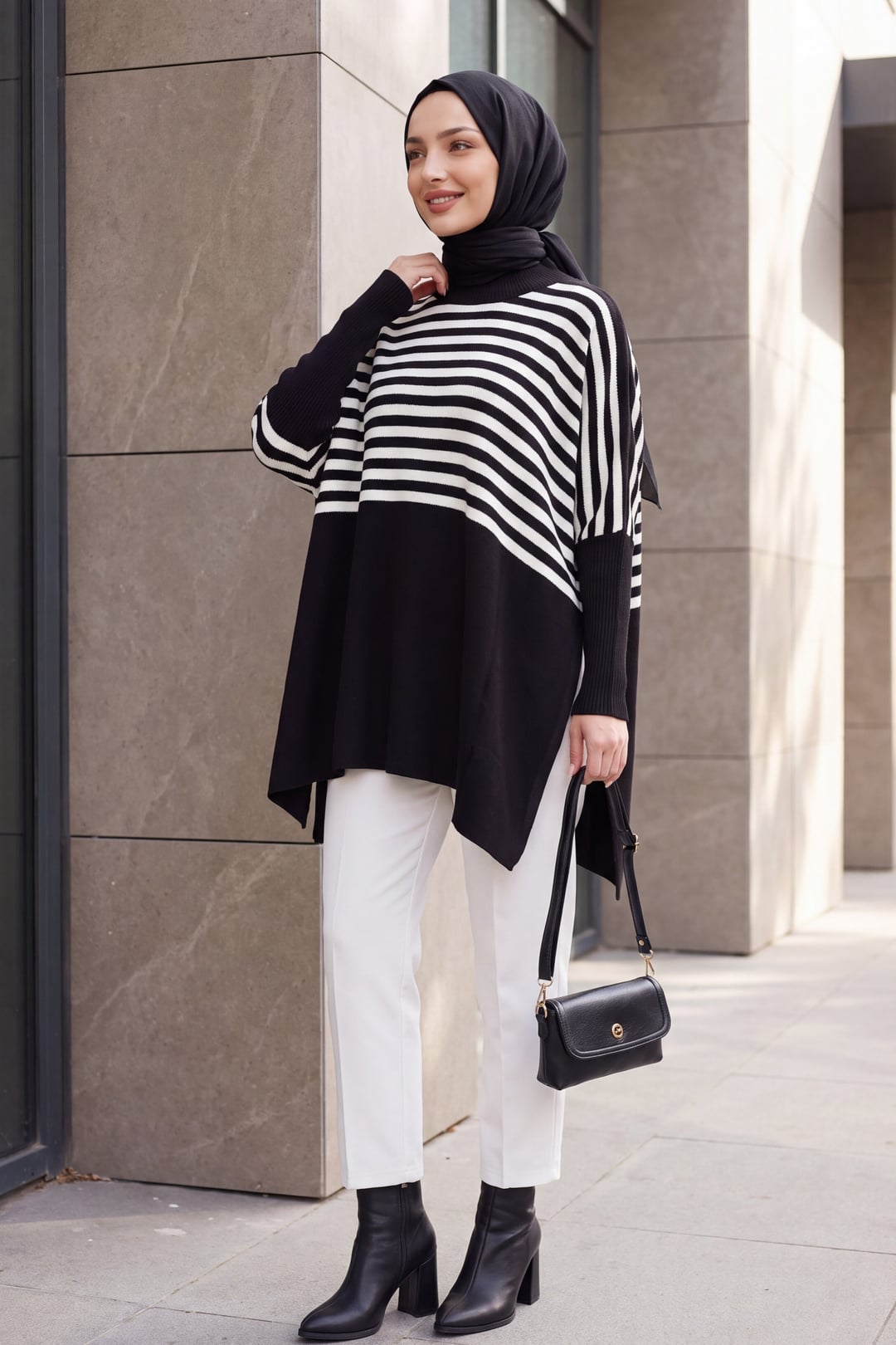 Side Slit Oversized Poncho Knit Sweater - Black - Bigdart - by Peralane - photo 4