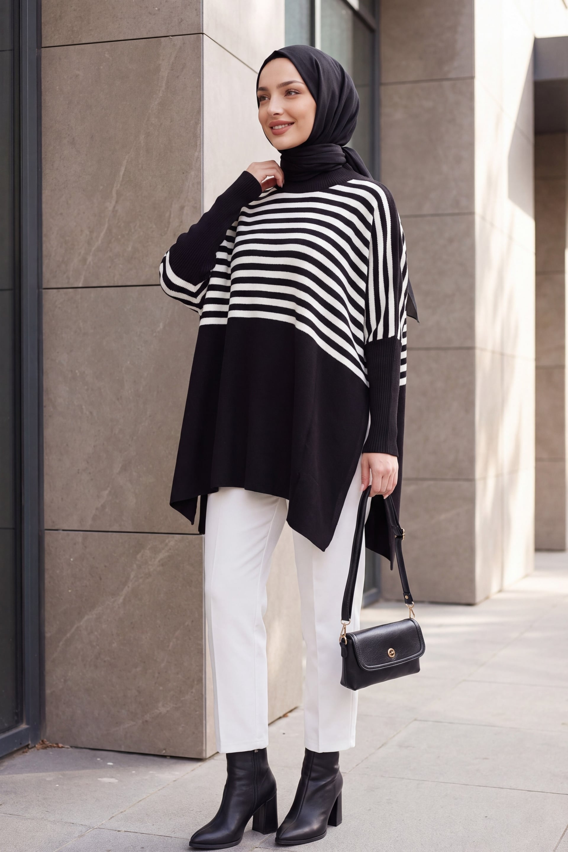Side Slit Oversized Poncho Knit Sweater - Black - Bigdart - by Peralane - photo 4
