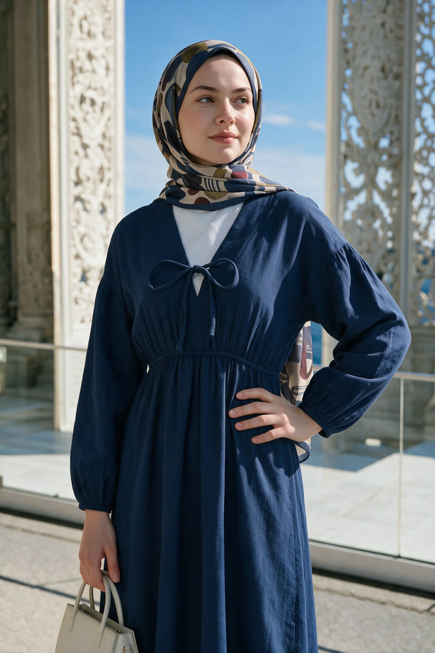Navy Blue Tie-Front Long-Sleeve Muslin Midi Dress with Elasticated Waist - Podyumplus - by Peralane - photo 2