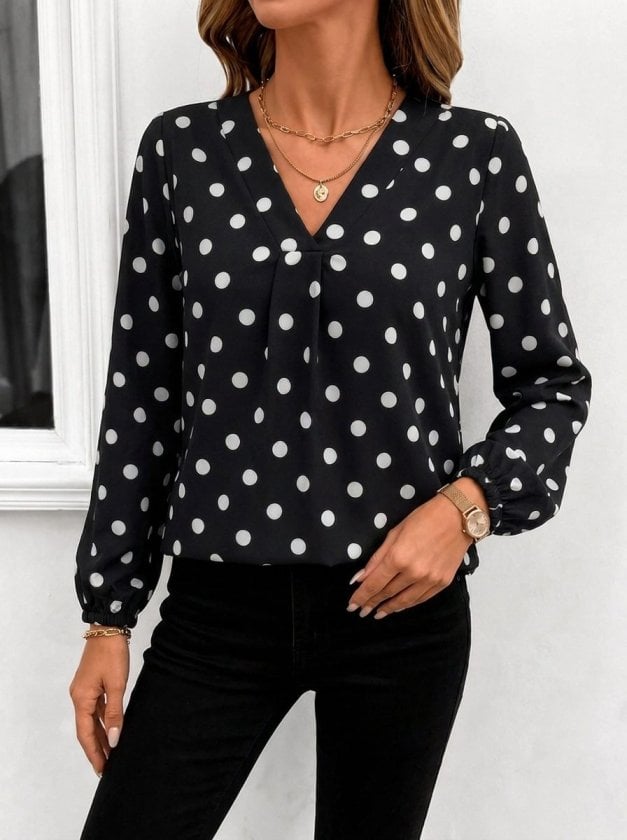 Women's Long-Sleeved V-Neck Polka Dot Blouse - Janes - by Peralane - photo 4