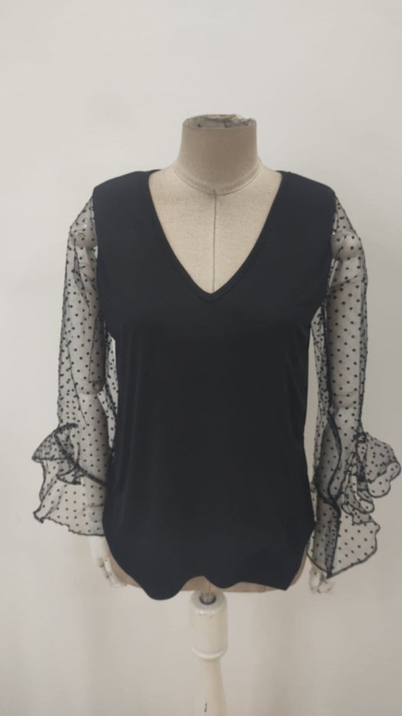 Women's Long Sleeve V-Neck Blouse with Sheer Polka Dot Sleeves - Janes - by Peralane - photo 5