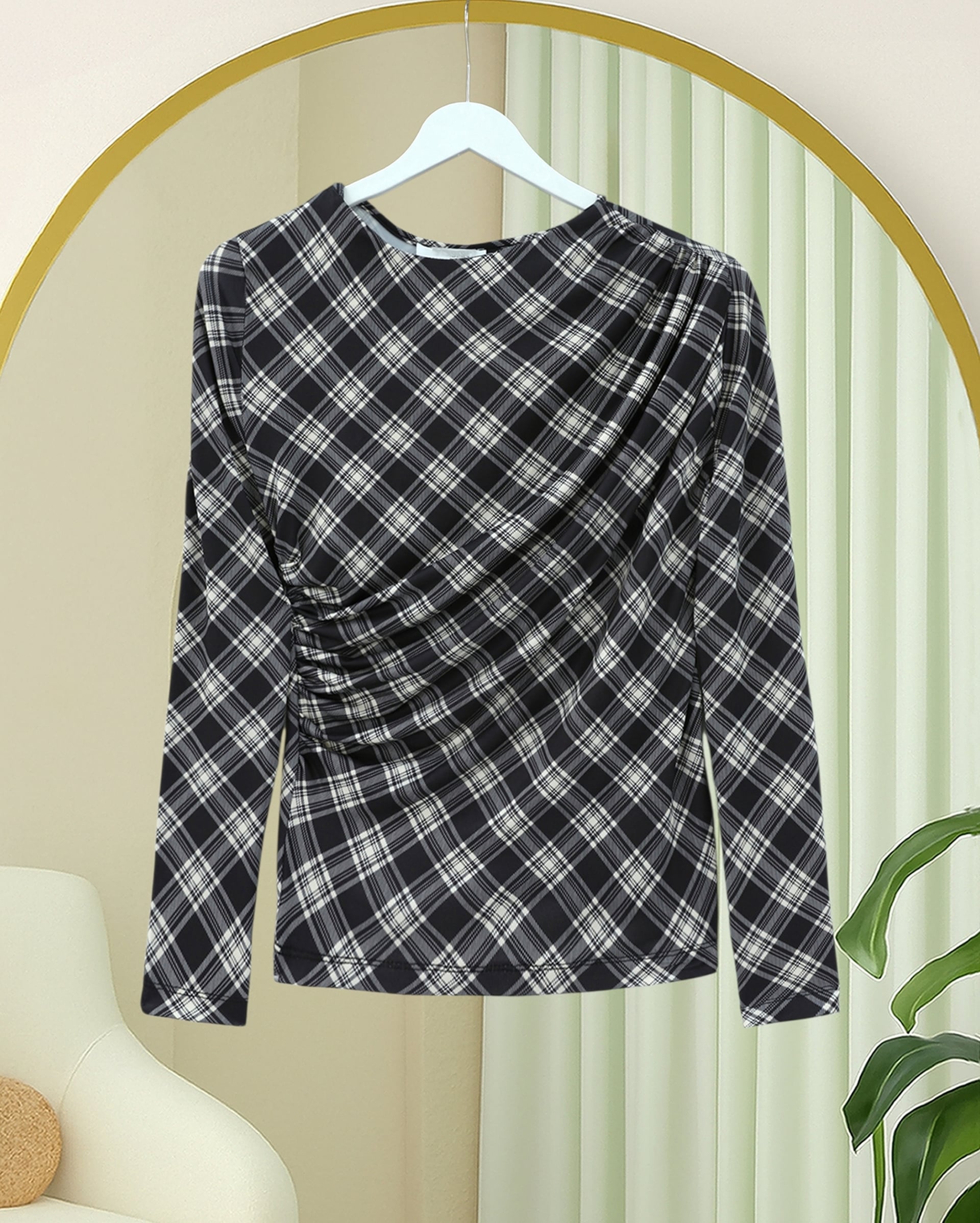 Side Ruched Plaid Patterned Blouse - Black - Podyumplus - by Peralane - photo 4