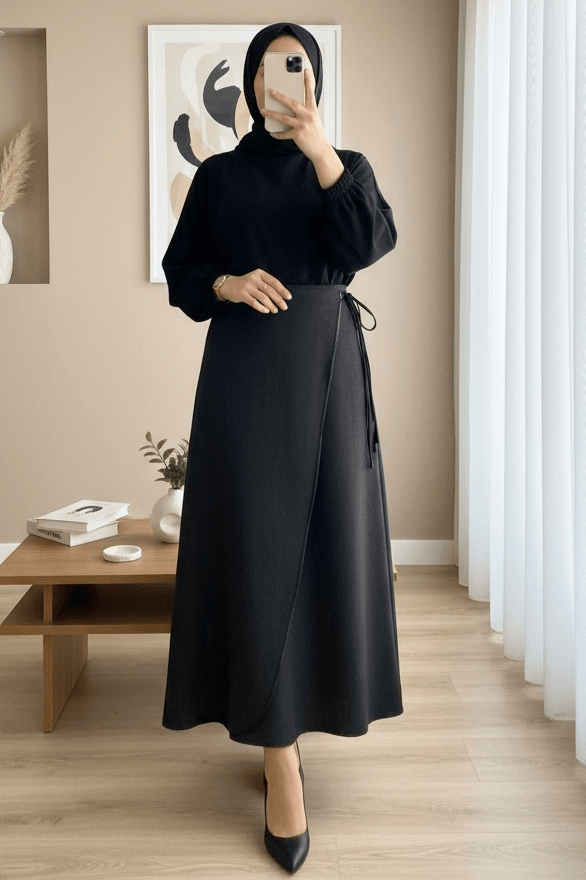 Black Elasticated Waist Bonded Jersey Midi Skirt - Podyumplus - by Peralane