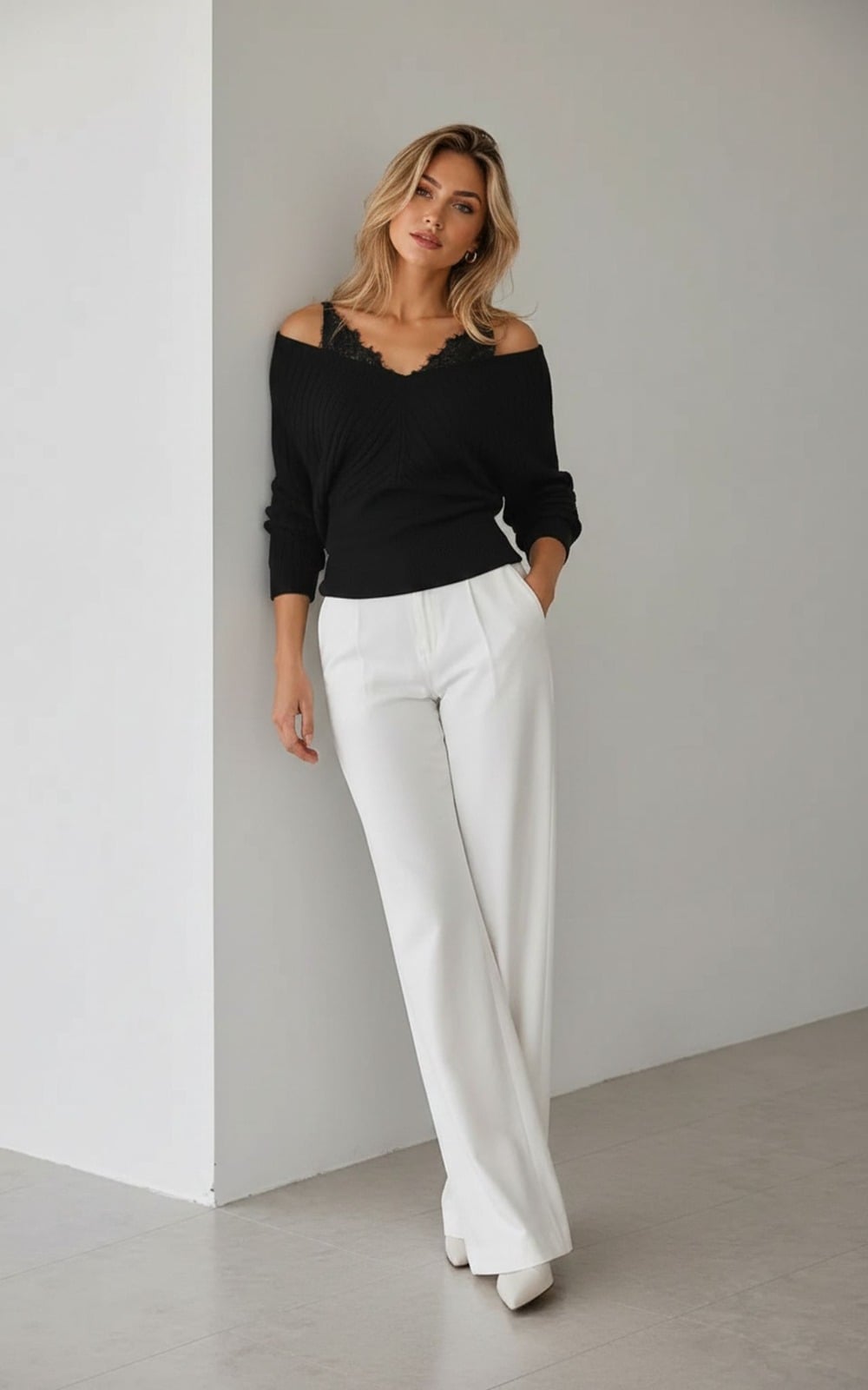 Black Off-Shoulder Ribbed Knit Sweater with Lace Trim for Women - My Bee - by Peralane - photo 3