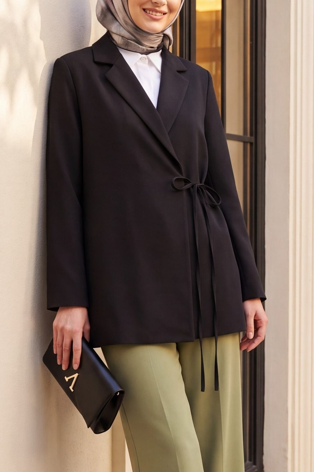 Side Lace-Up Back Slit Lined Double Crepe Blazer - Black - Podyumplus - by Peralane - photo 4
