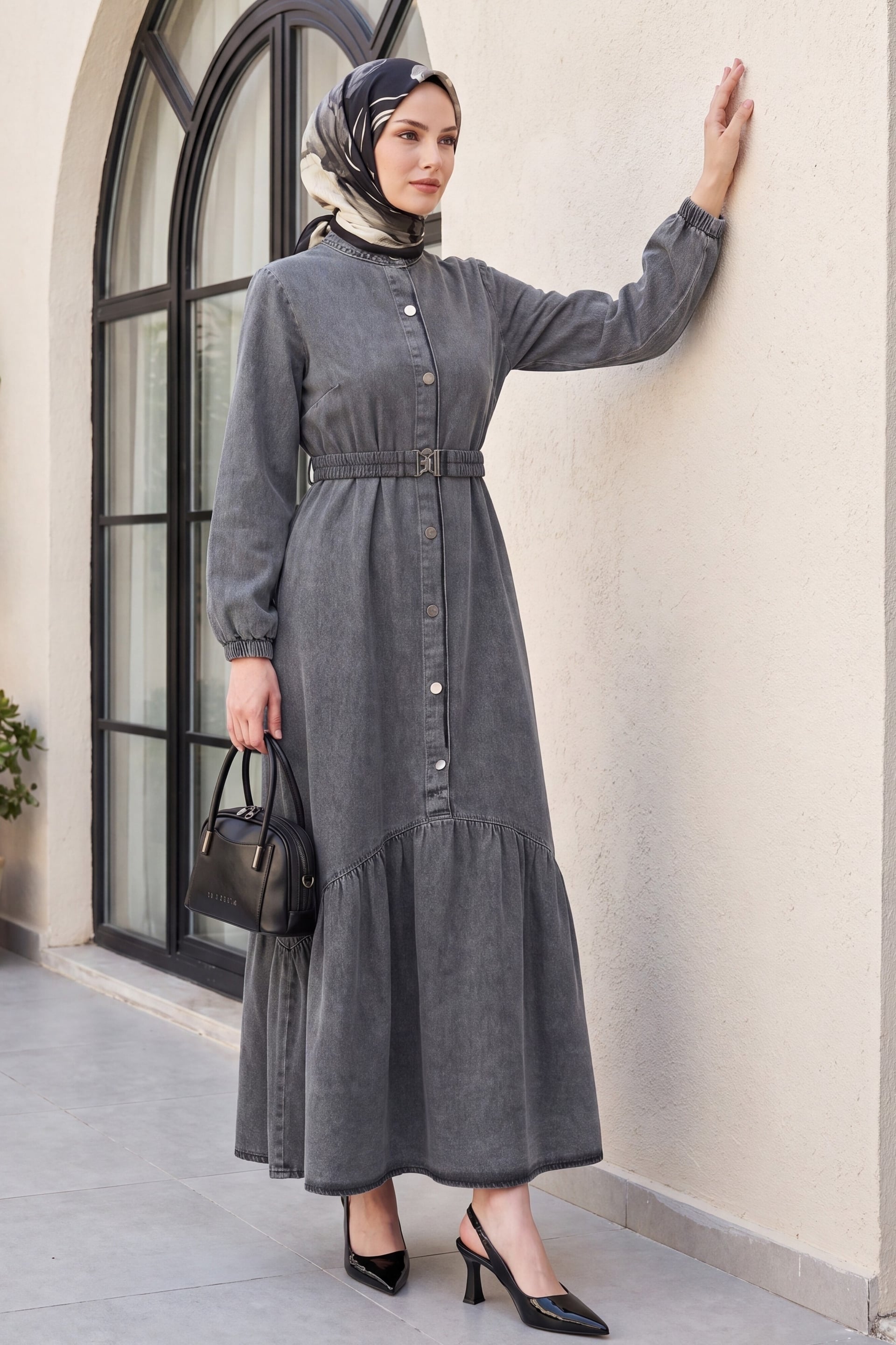 Long Denim Dress with Button Front and Elastic Belt - Smoky Grey - Podyumplus - by Peralane - photo 3