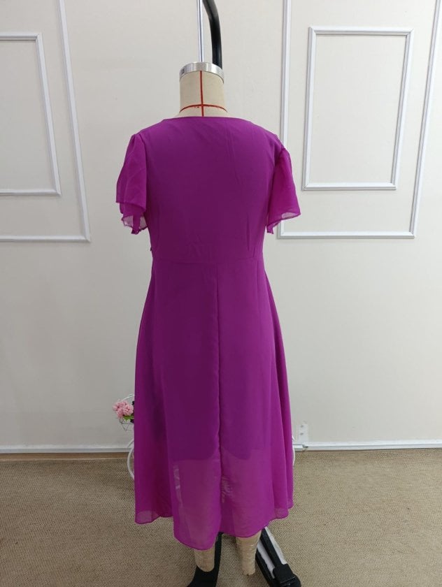 Women's V-Neck Short Sleeve Midi Lined Chiffon Dress - Magenta - Janes - by Peralane - photo 6