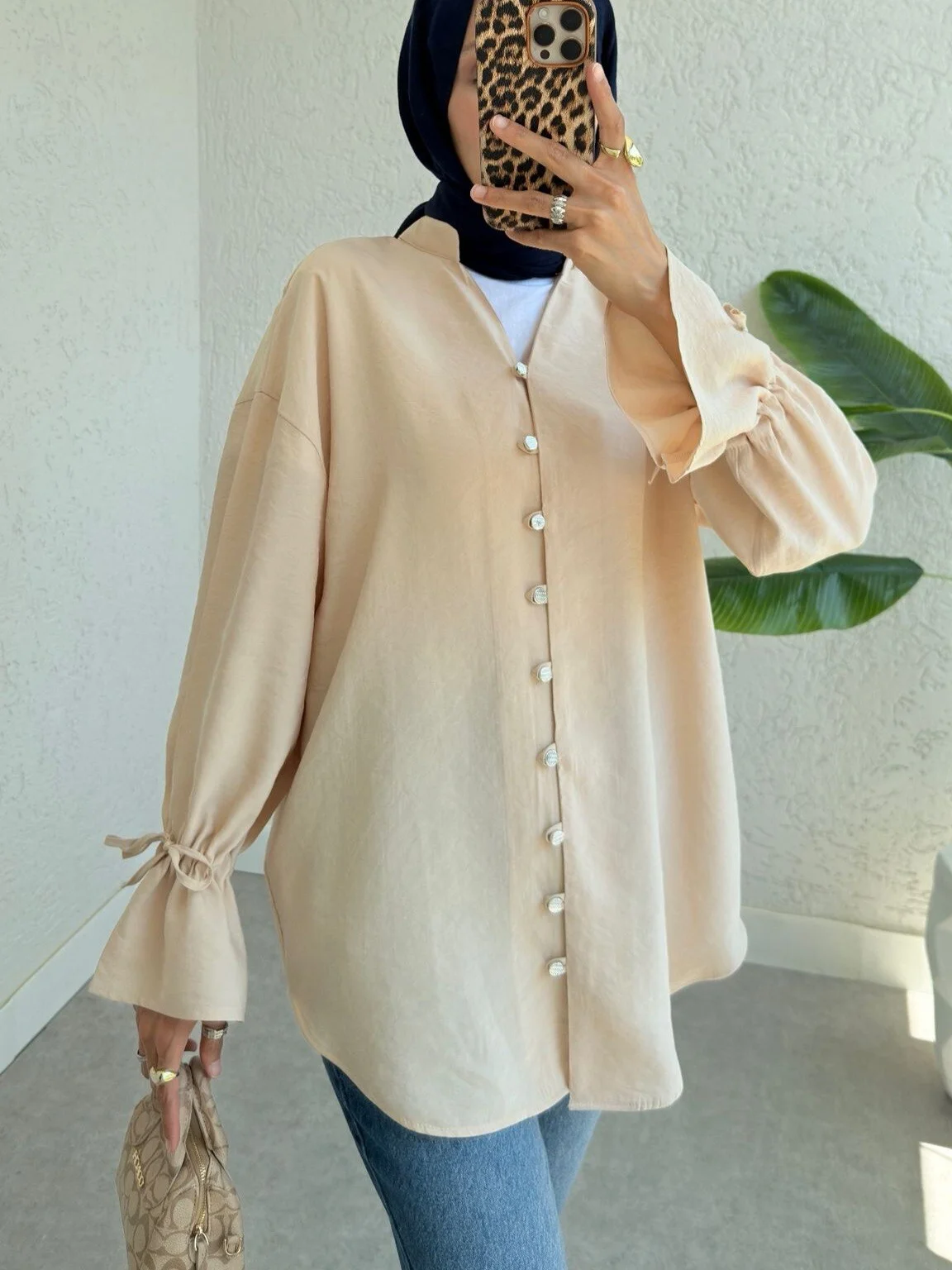 Beige Long Back Buttoned Tunic with Tie Cuffs - Podyumplus - by Peralane - photo 5