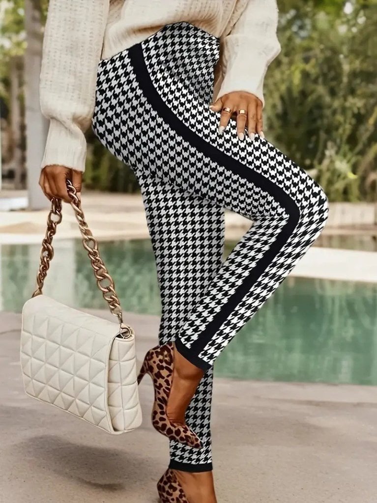 Women's High Waist Houndstooth Stripe Side Knit Trousers - Janes - by Peralane - photo 3