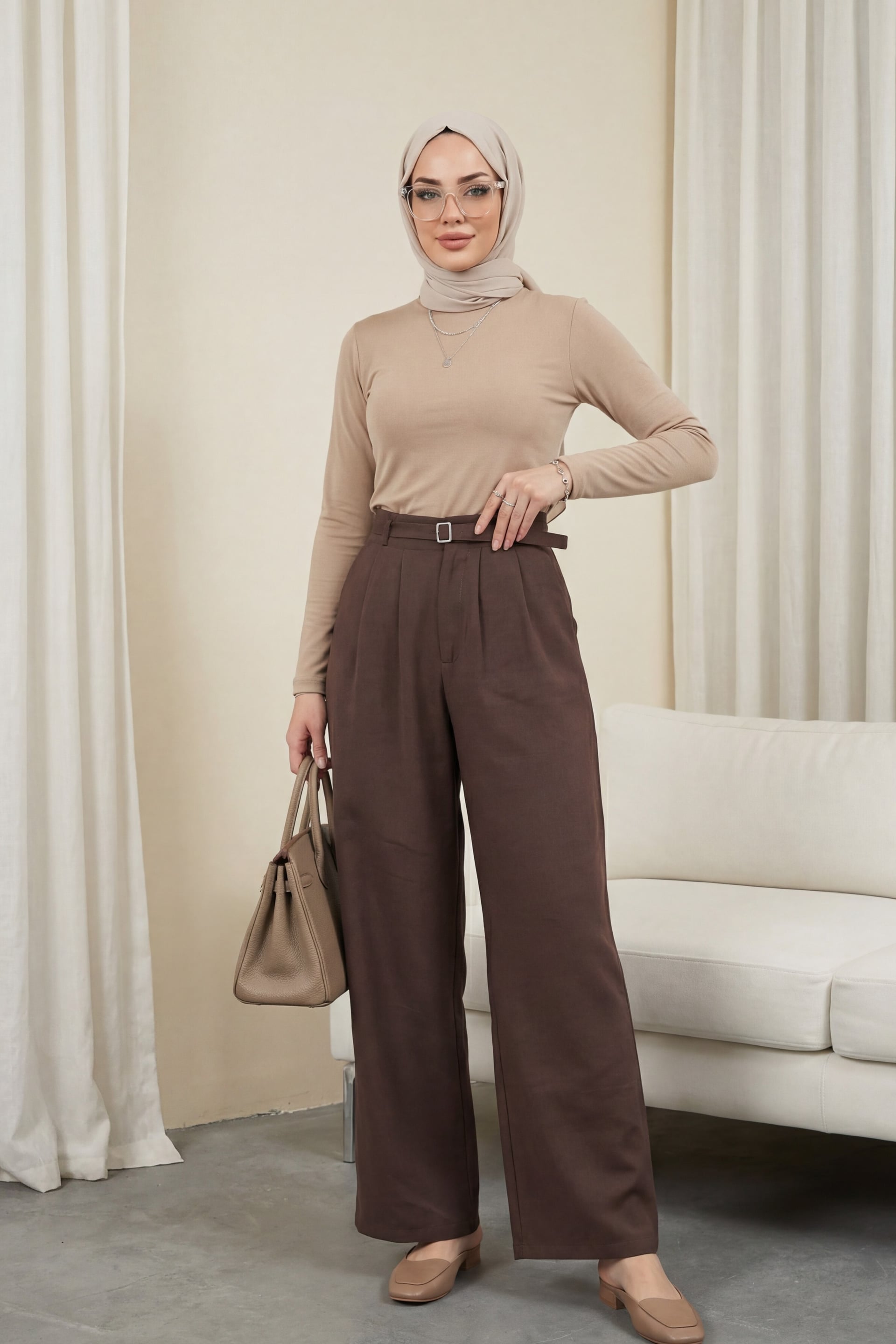 Wide-Leg High-Waist Trousers with Belt - Dark Brown - Podyumplus - by Peralane - photo 2