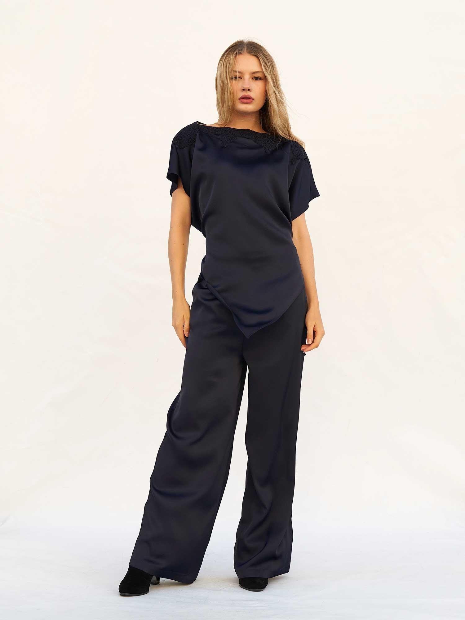 Navy Blue Satin Blouse and Trousers Set with Lace Trim - Lefon - by Peralane - photo 4