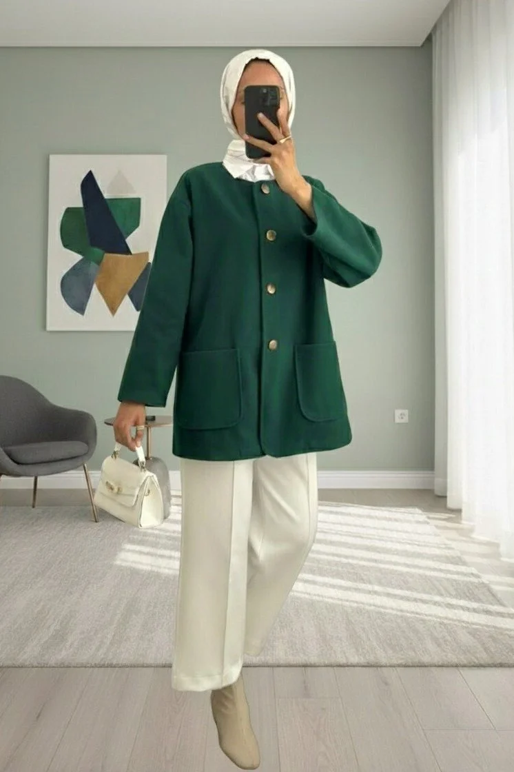Double Pocket Front Button Coat - Emerald - Podyumplus - by Peralane