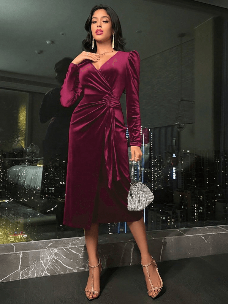 Women's Long Sleeve Wrap V-Neck Ruched Side Midi Velvet Dress - Janes - by Peralane - photo 2