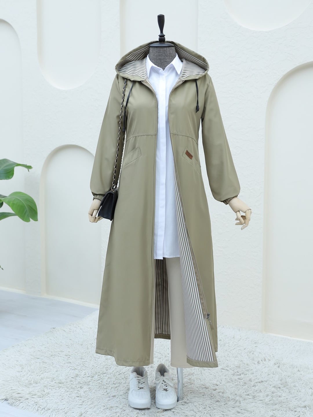 Hooded Bonded Trench Coat with Bag Pockets - Mink - Podyumplus - by Peralane - photo 3