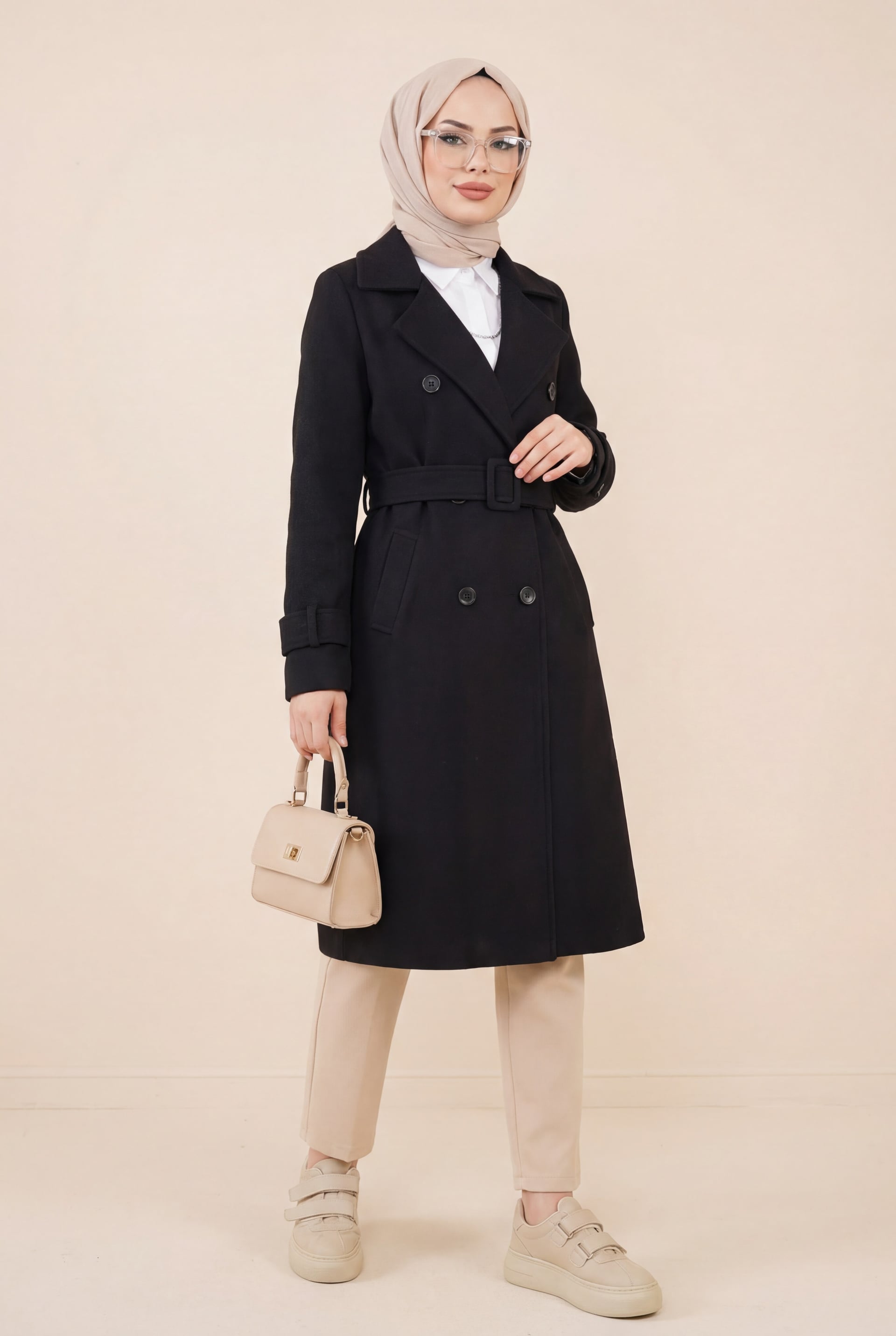 Women's Black Belted Lined Coat with Lapel Collar - Podyumplus - by Peralane