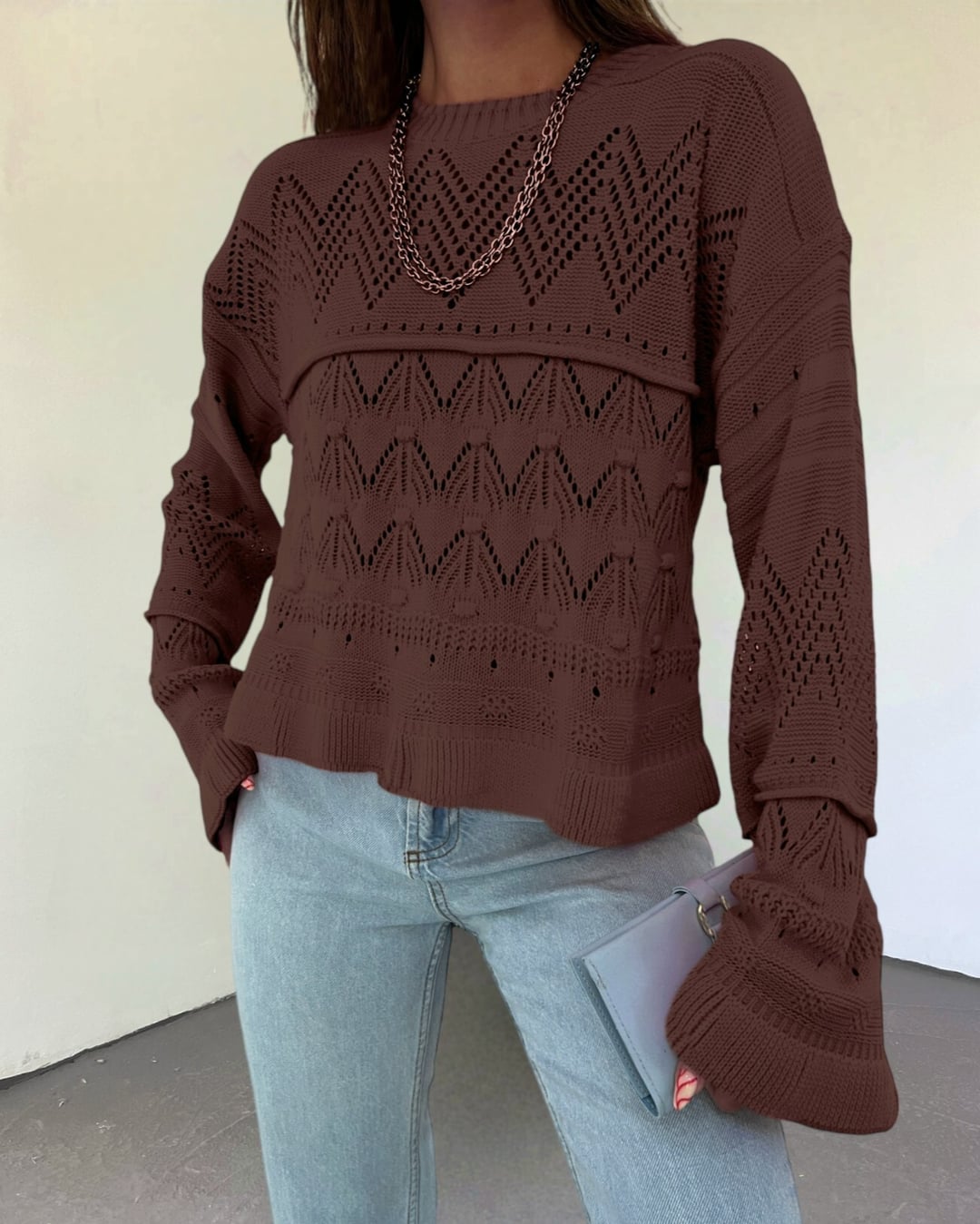 Openwork Pom-Pom Long-Sleeve Knit Sweater - Brown - Podyumplus - by Peralane - photo 3
