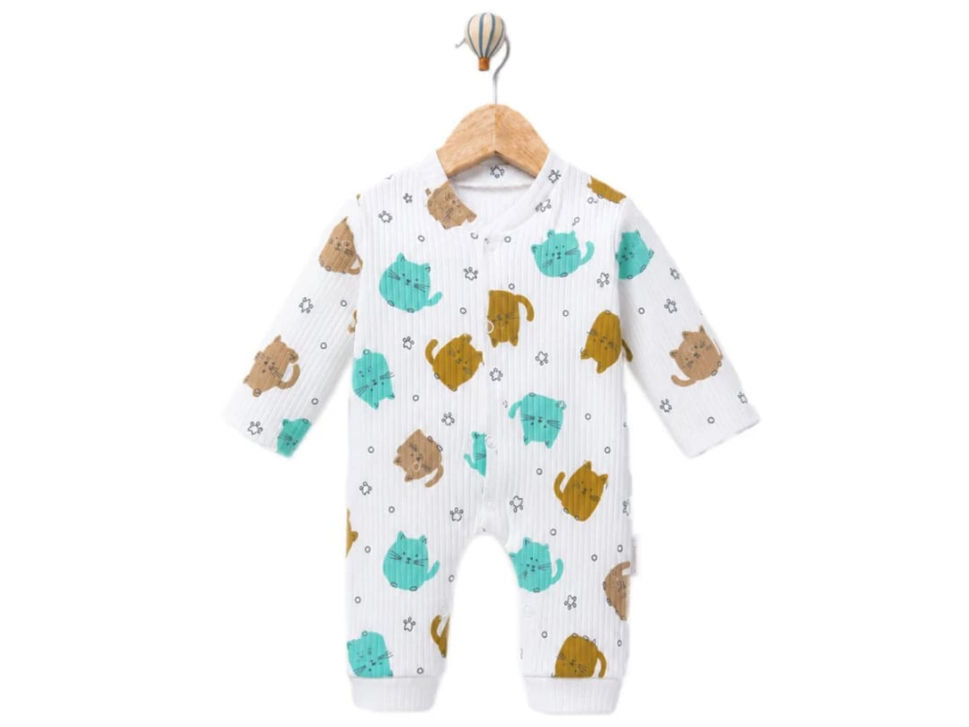 Cartoon Cat Print Baby Romper - Turquoise - Supermini - by Peralane