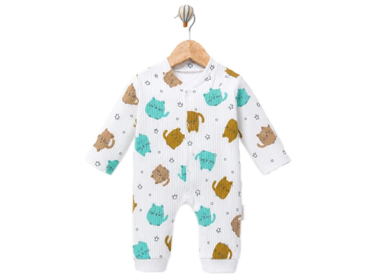 Cartoon Cat Print Baby Romper - Turquoise - Supermini - by Peralane