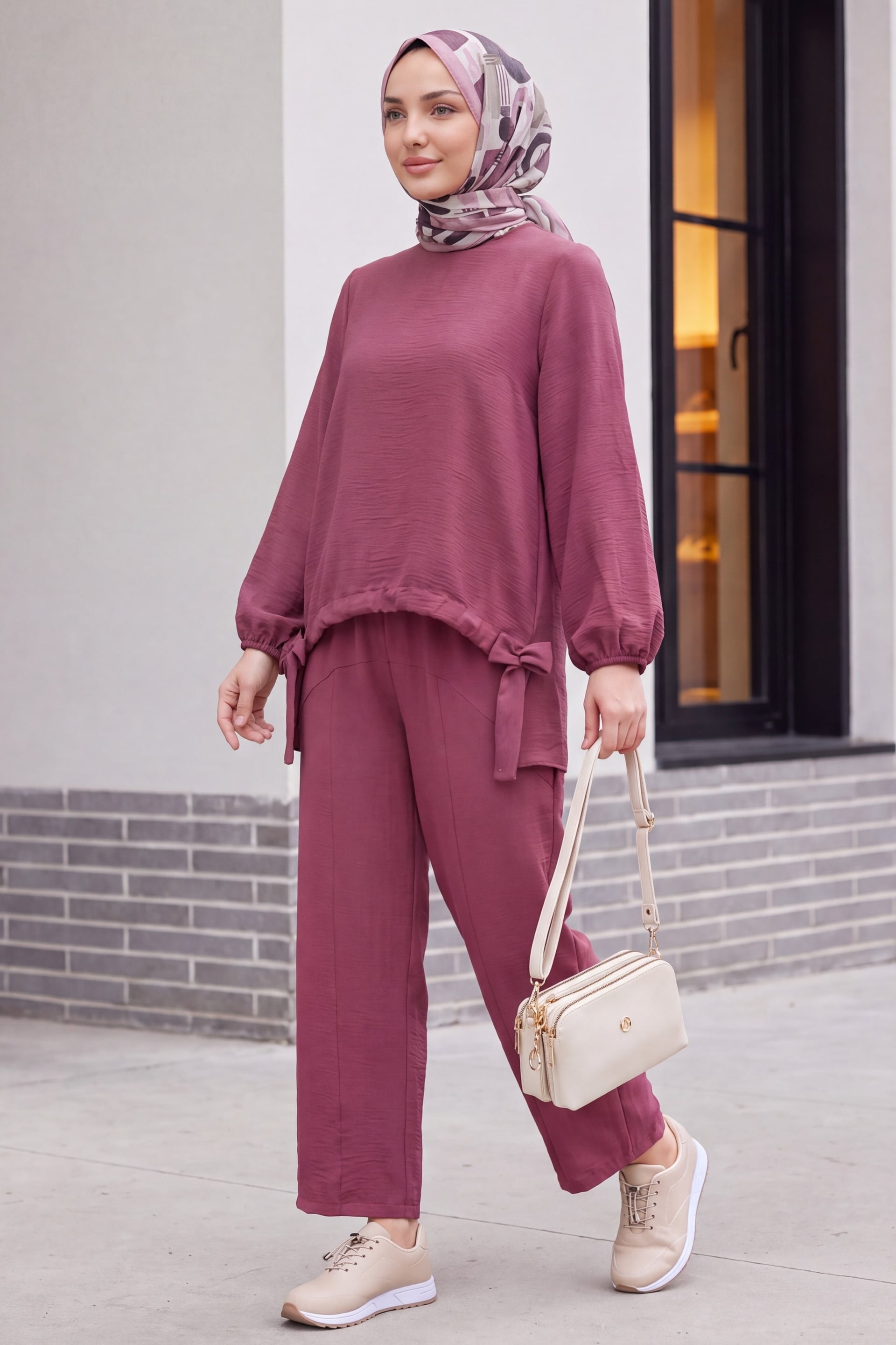 Front Drawstring Wide-Leg Trousers and Top Modest Co-ord Set - Deep Rose - Podyumplus - by Peralane - photo 4