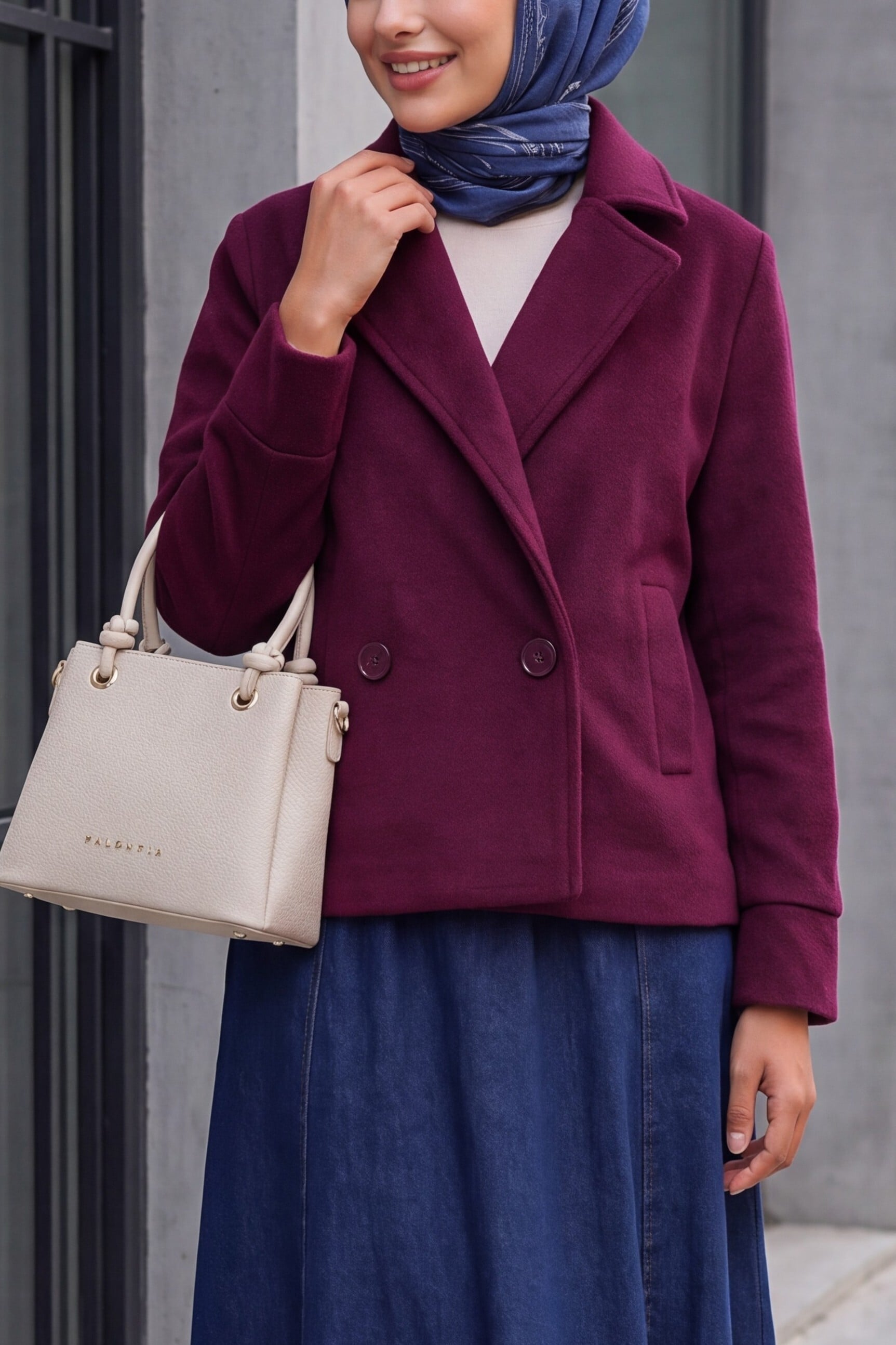 Women's Short Wool-Blend Double-Breasted Jacket - Plum - Bigdart - by Peralane