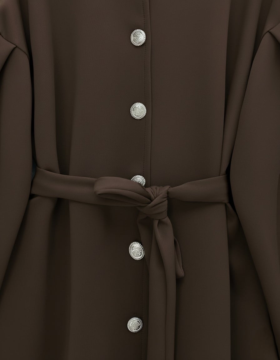Belted Button-Front Scuba Tunic and Wide-Leg Trousers Set - Brown - Podyumplus - by Peralane - photo 7