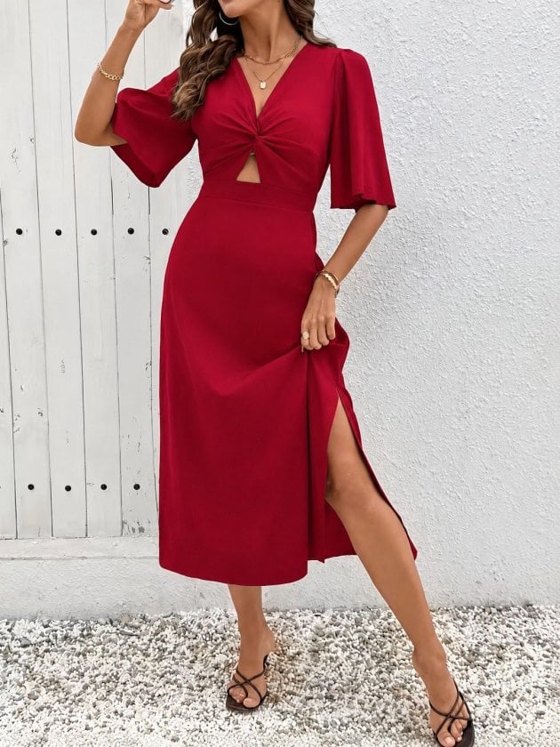 Women's Short Sleeve Twisted Front Midi Dress with Side Slit - Janes - by Peralane