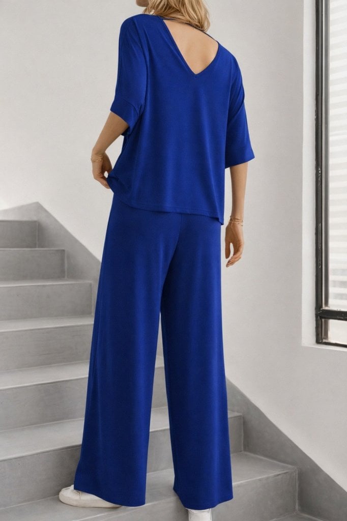 Women's V-Neck Short-Sleeve Viscose Blouse and Wide-Leg Trousers Two-Piece Set - Janes - by Peralane - photo 3