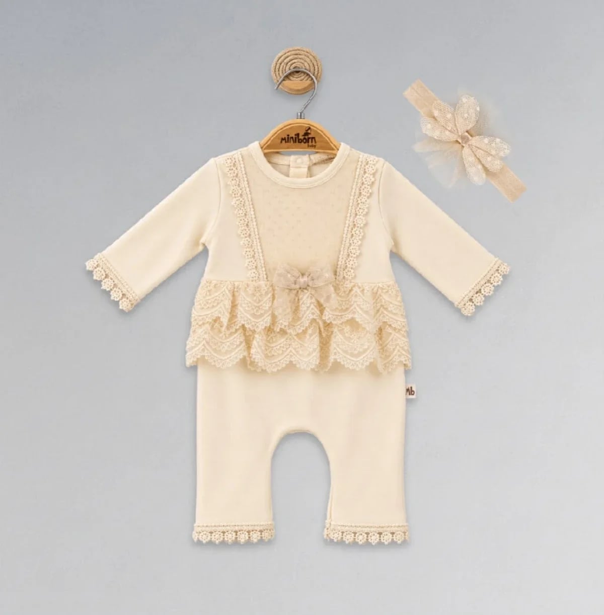 Baby Girls' Cream Romper and Headband Set with Lace Detail - Miniborn - by Peralane