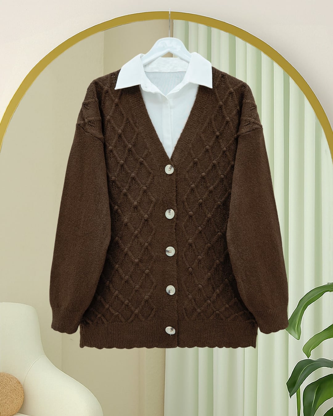 V-Neck Large Button Patterned Knit Cardigan - Brown - Podyumplus - by Peralane - photo 3
