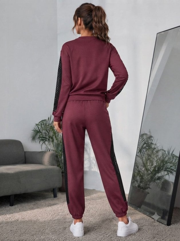 Women's Long Sleeve Crew Neck Mesh Tulle Detail Viscose Two-Thread Blouse and Trousers Two-Piece Set - Janes - by Peralane - photo 4