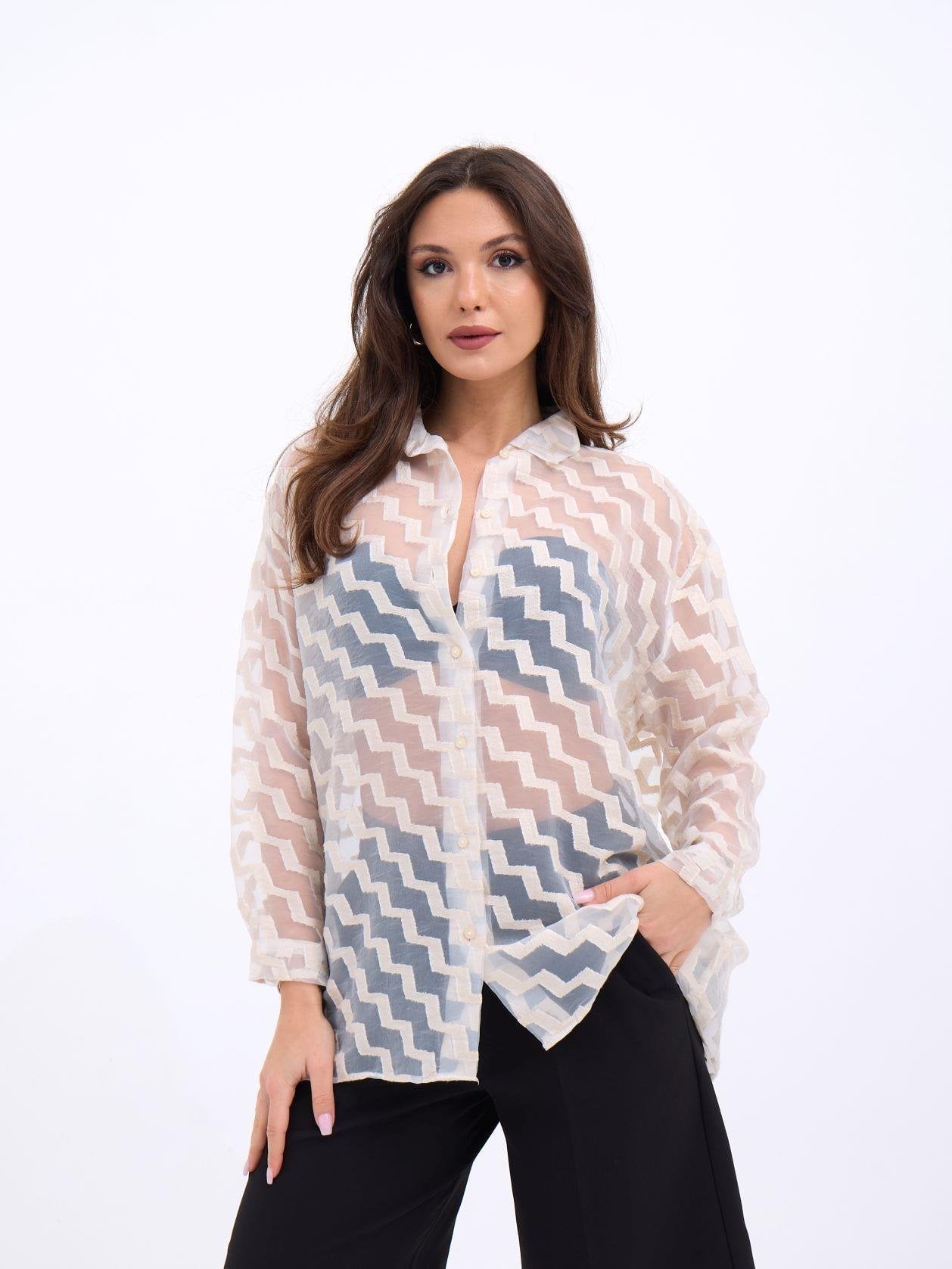 Cream Sheer Long-Sleeve Blouse with Zigzag Pattern - Fame - by Peralane